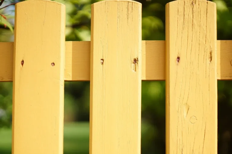 Yellow-painted wood picket fence showing paint sitting on the surface of the wood grain