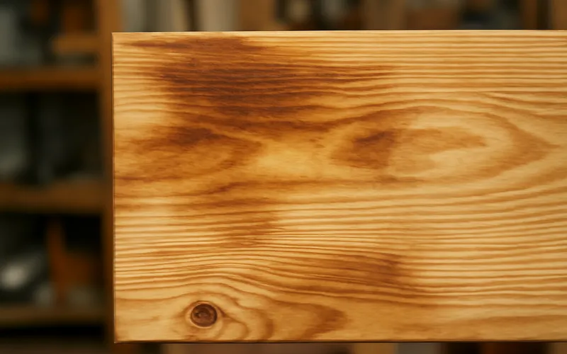 Pine board with blotchy yellow and brown patches from uneven tannin absorption under stain