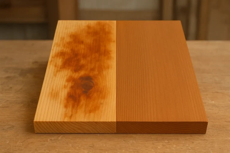Pine board with blotchy uneven stain on one half and smooth even color after wood conditioner on the other