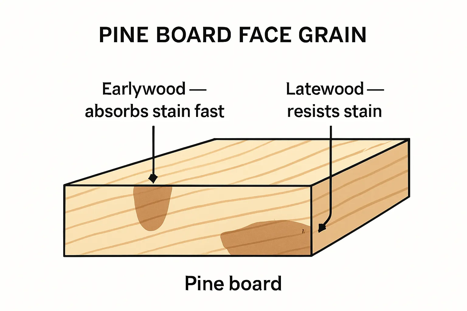 How pine's earlywood and latewood absorb stain differently Diagram of a pine board showing wide pale earlywood bands absorbing stain quickly and narrow dense latewood bands resisting it