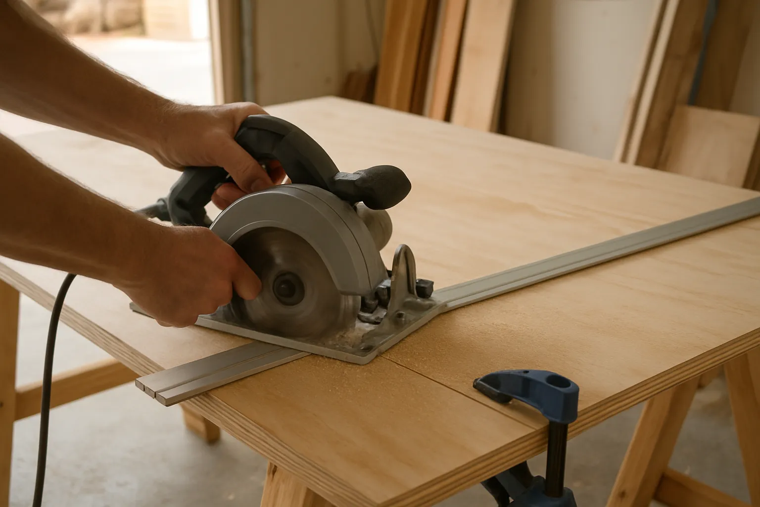 Plywood Cut to Size A circular saw follows a straightedge clamp while cutting a plywood sheet to size on sawhorses in a garage