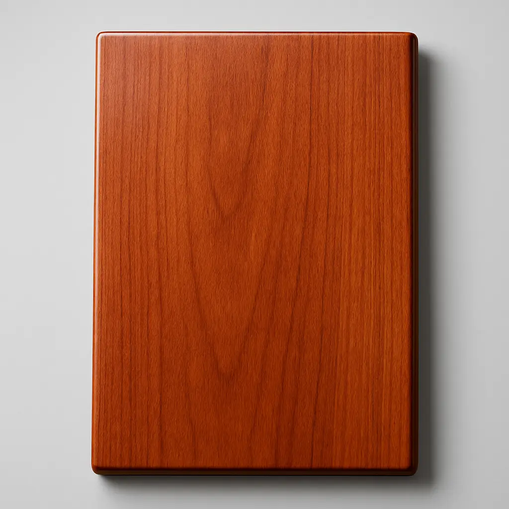 Polyurethane finish example on a cherry wood board showing its smooth, protective satin sheen