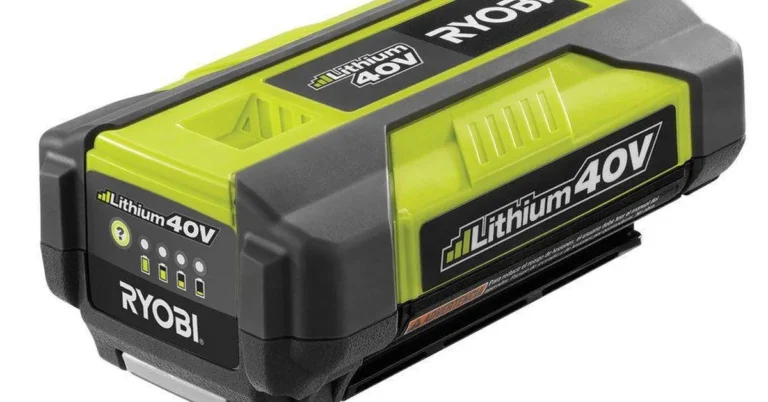 RYOBI 40V lithium-ion battery on a charger, part of the 85-plus tool 40V platform