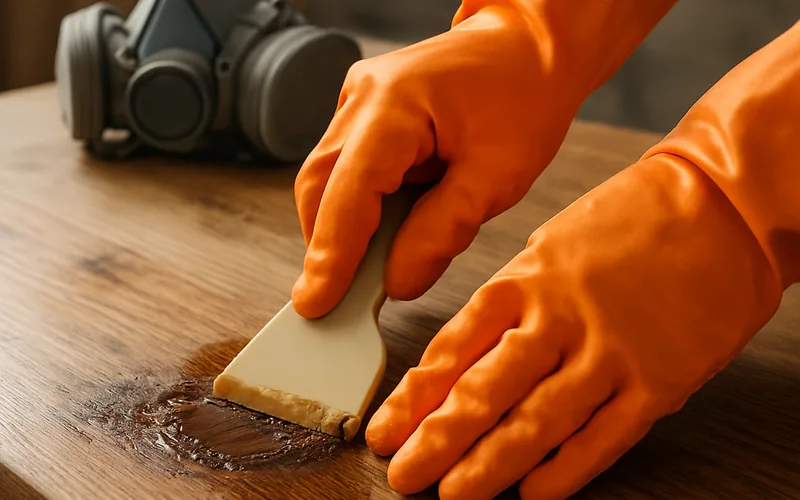 Gloved hands scraping softened wood stain remover off a tabletop with a plastic scraper