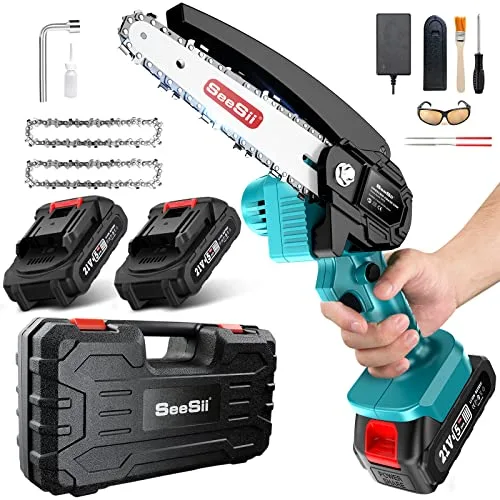 Seesii Mini Chainsaw 6-inch Mini Chainsaw Cordless 12 Pcs Tool Set,Battery Chainsaw with 2x Big Batteries, 2.62lbs Handheld Electric Power Chain Saw with Safety Lock for Tree Trimming Wood Cutting