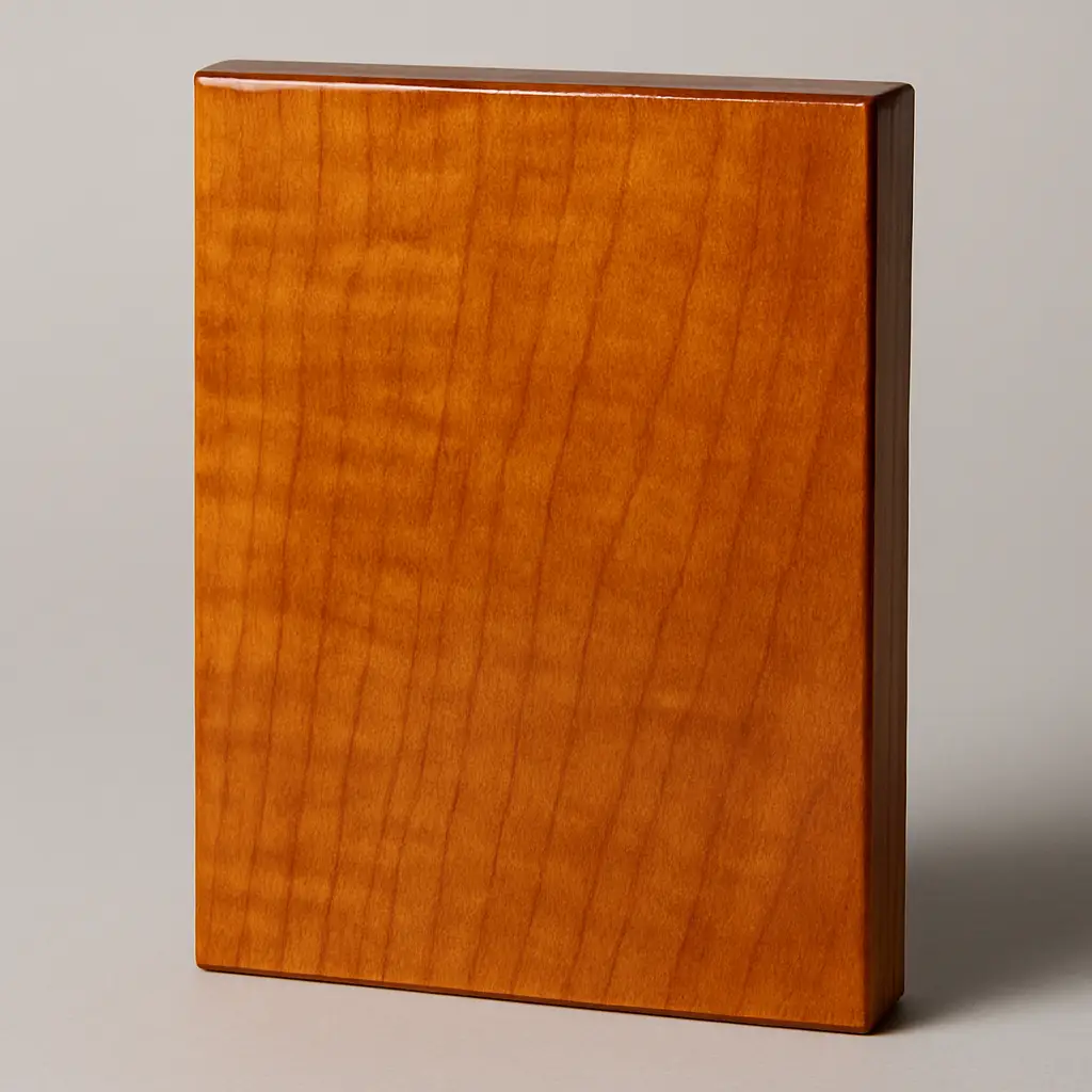 Shellac finish example on a maple wood board showing its warm honey-gold, glossy sheen