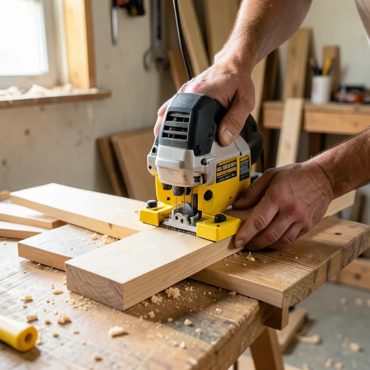 Woodworker pushing an oak board with a yellow table saw gripper push block toward the blade