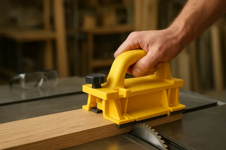 Woodworker pushing an oak board with a yellow table saw gripper push block toward the blade