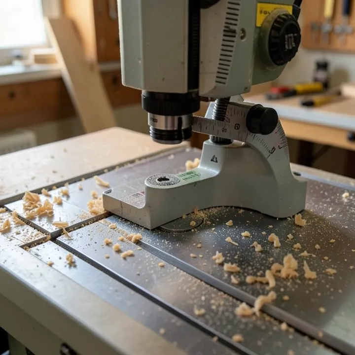 Table Saw Miter Gauge Table saw miter gauge with angle scale set in the miter slot, wood shavings nearby