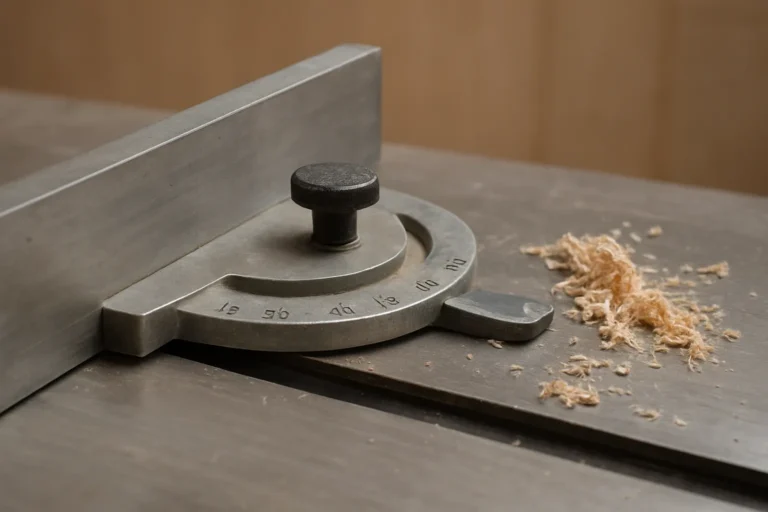 Table saw miter gauge with angle scale set in the miter slot, wood shavings nearby