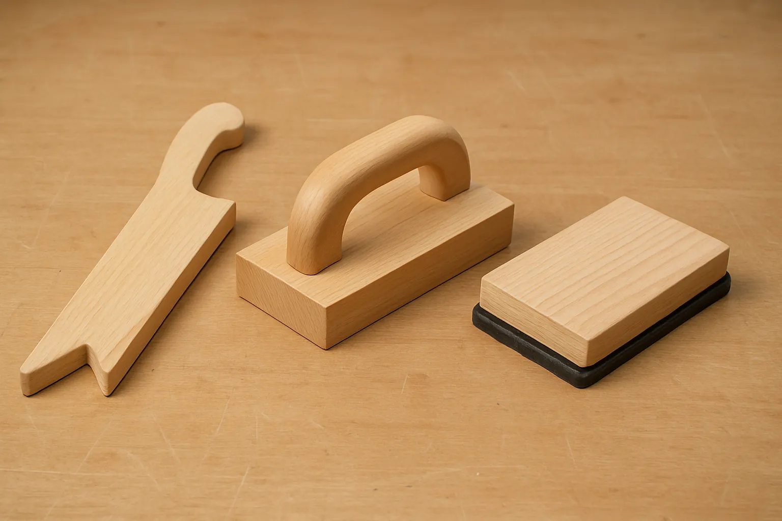 Table saw push stick, push block, and push pad shown side by side on a workbench for comparison