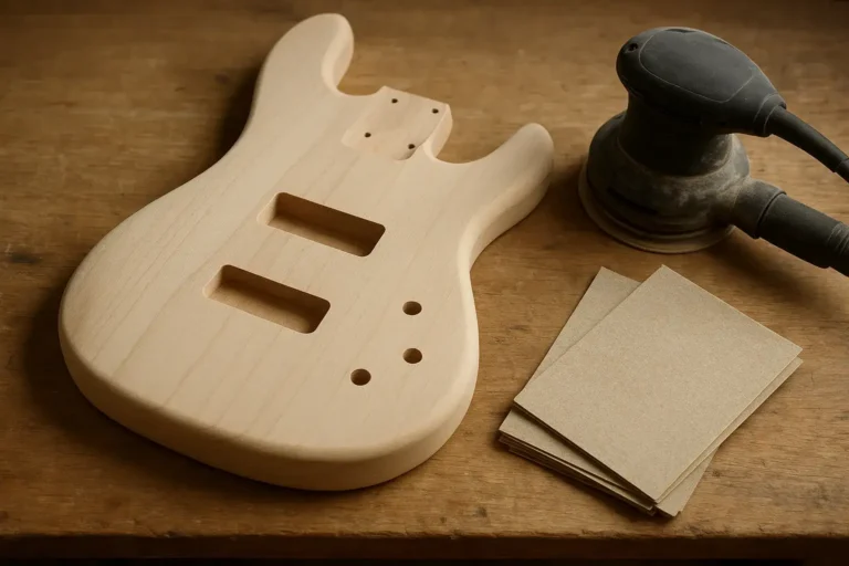 Unfinished basswood bass guitar body on a workbench next to a random-orbit sander and sandpaper, ready for a wood finish