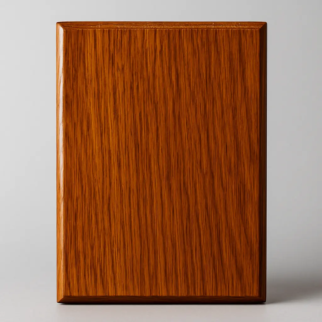 Spar varnish finish example on a teak wood board showing its thick, amber-toned gloss coat