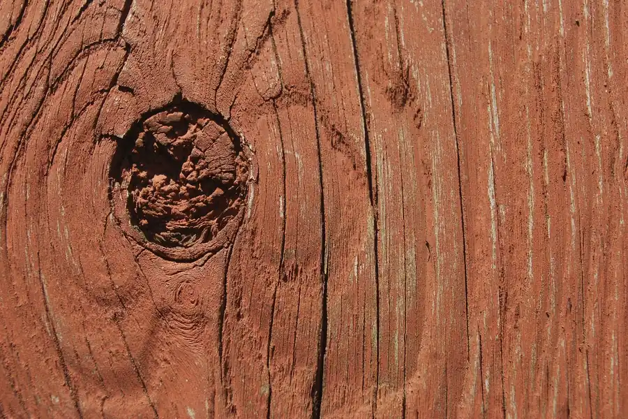 Weathered wood deck board with raised grain and a knot showing rough surface texture