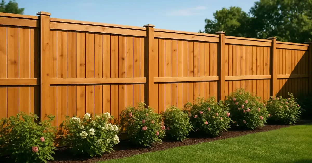 Wood fence design featuring a board-on-board privacy fence bordering a backyard lawn.