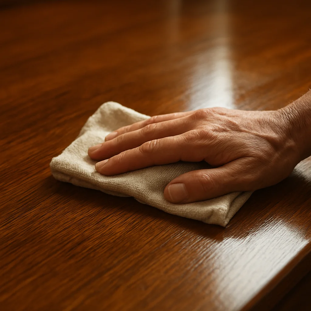 Polishing a wooden table with a soft cloth