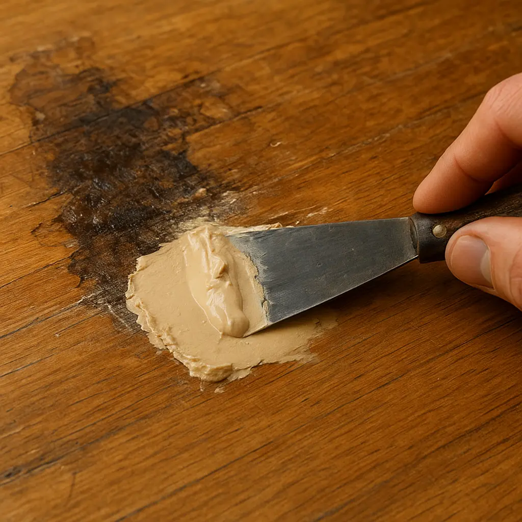 Repairing water-damaged wood with filler and a putty knife