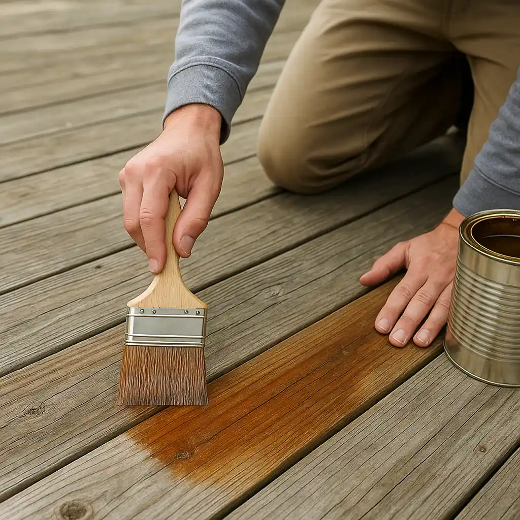 Applying protective sealer to a wooden deck