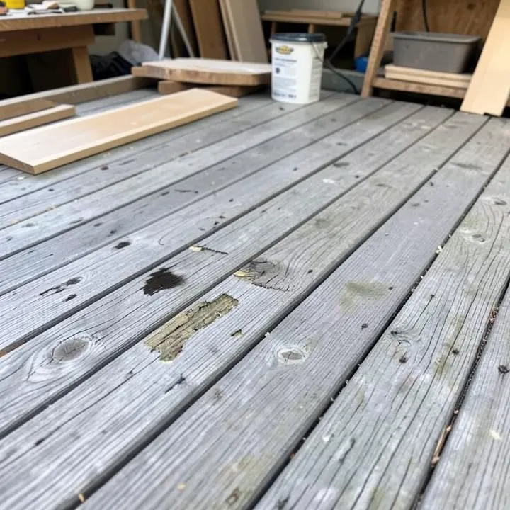 Weathered gray wood deck boards showing UV and moisture damage from a missing stain and sealer
