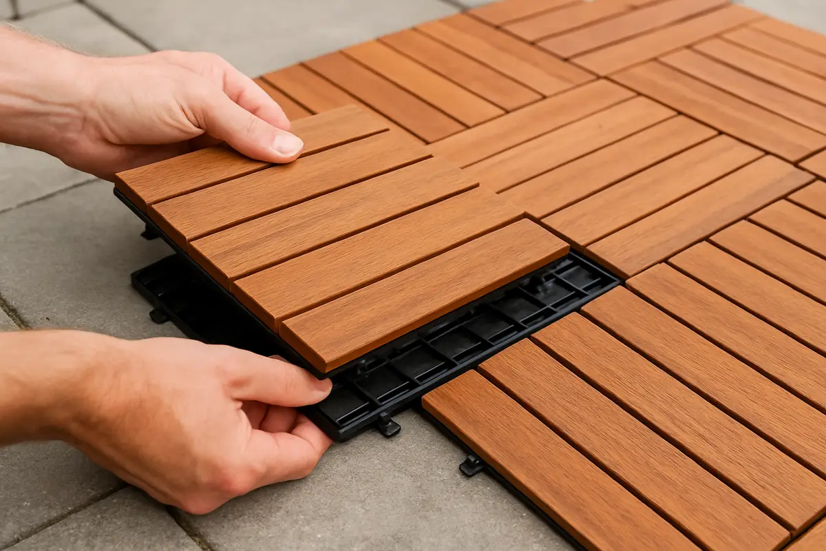 Wood deck tile lifted to show its plastic drainage grid base and connector clips
