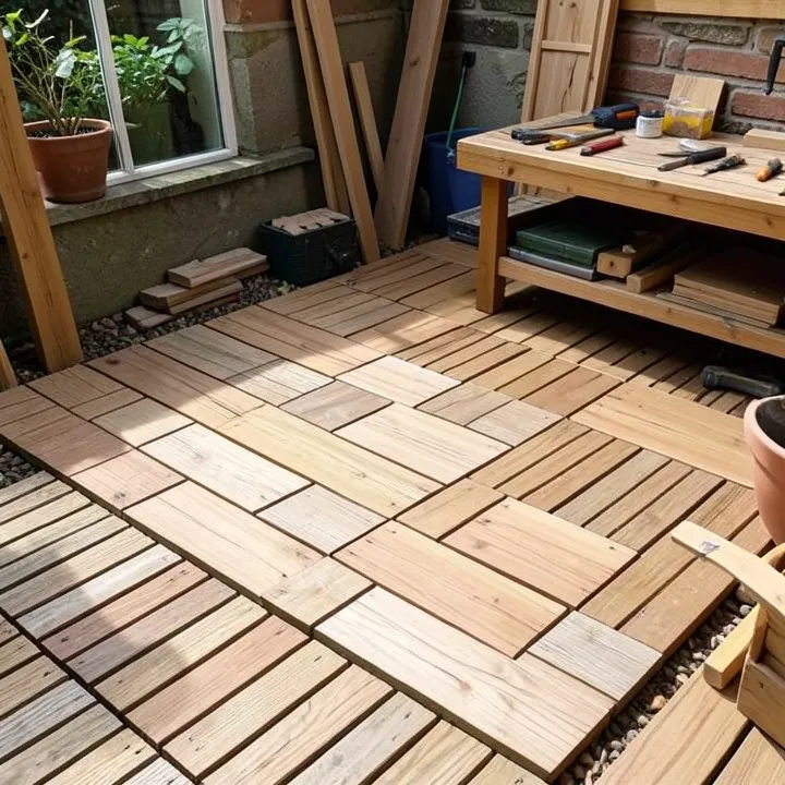 Interlocking wood deck tiles covering a small outdoor patio surface
