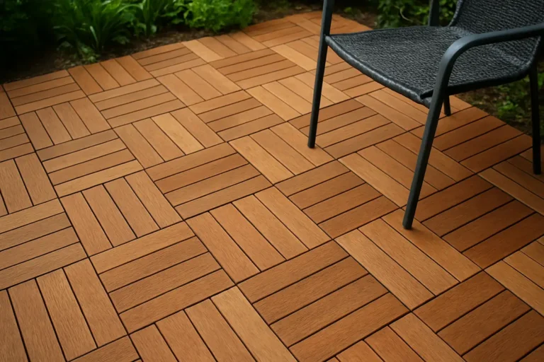 Interlocking wood deck tiles covering a small outdoor patio surface
