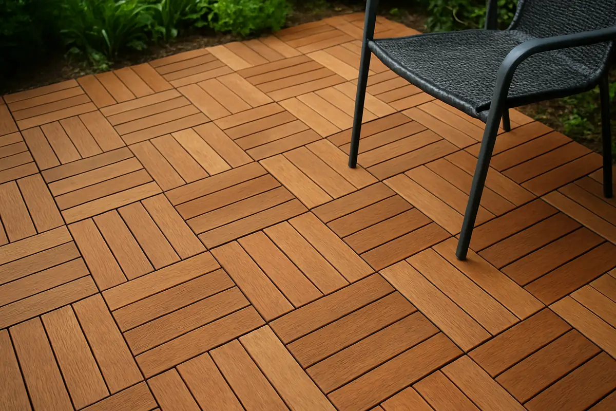 Interlocking wood deck tiles covering a small outdoor patio surface