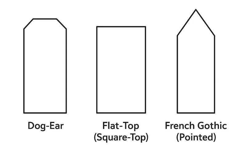 wood fence pickets compared side by side in dog-ear, flat-top, and French Gothic top styles