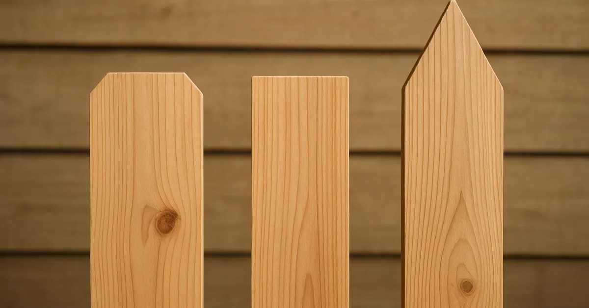Wood fence pickets in dog-ear, flat-top, and French Gothic top styles side by side