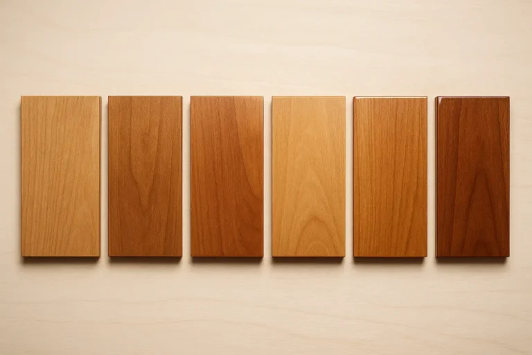 Wood finish examples side by side: oil, shellac, lacquer, wax, varnish, and polyurethane sheens on wood boards