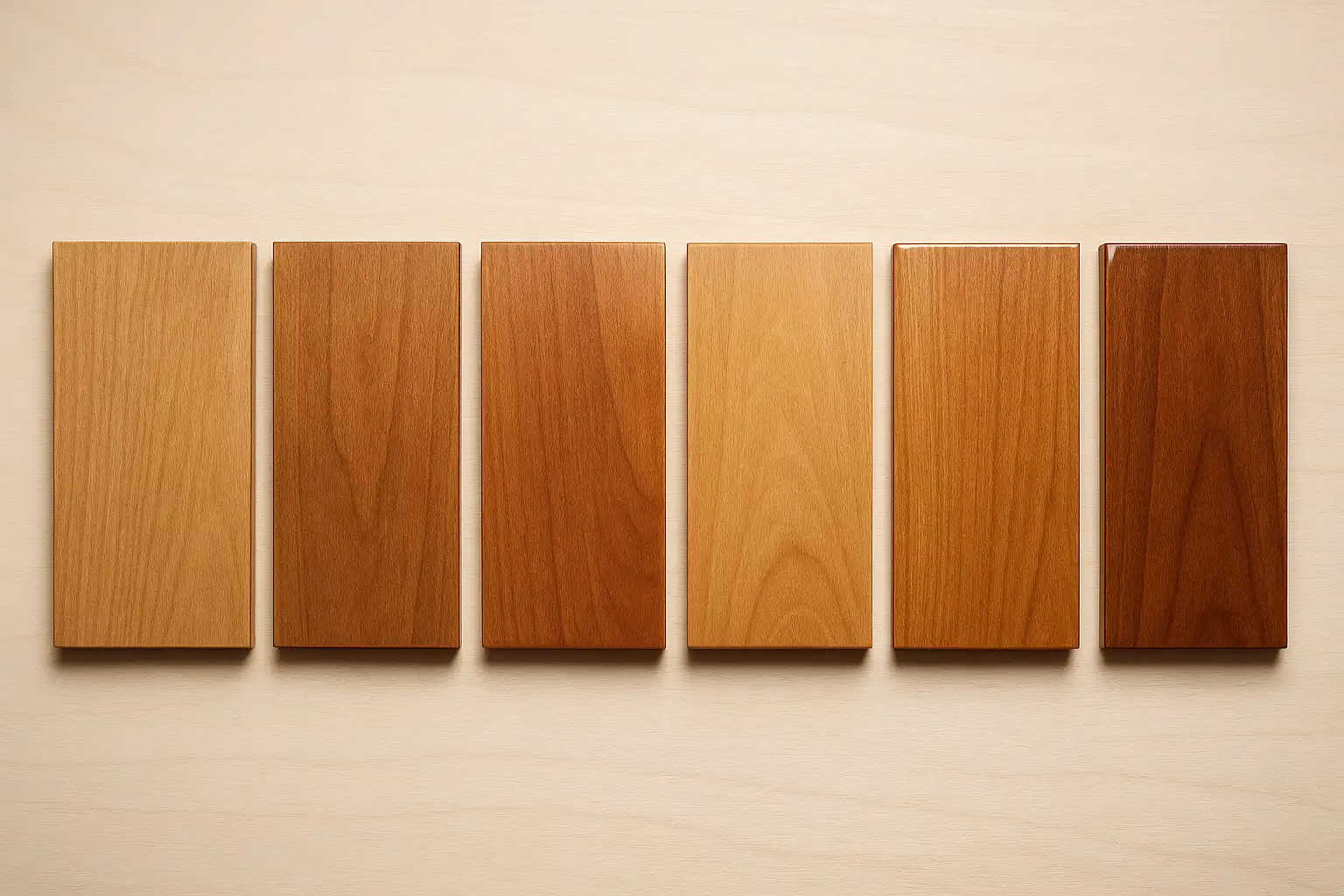 Wood finish examples side by side: oil, shellac, lacquer, wax, varnish, and polyurethane sheens on wood boards