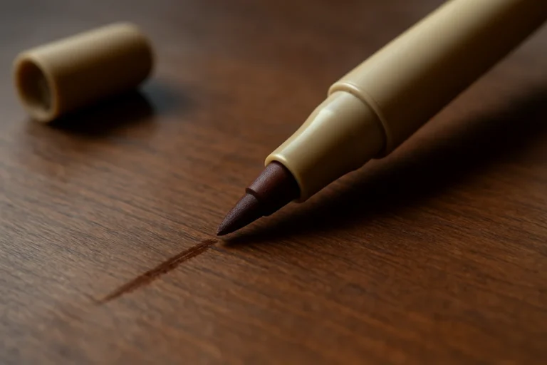 Wood finish stain marker felt tip applying brown stain colorant into a scratch on wood