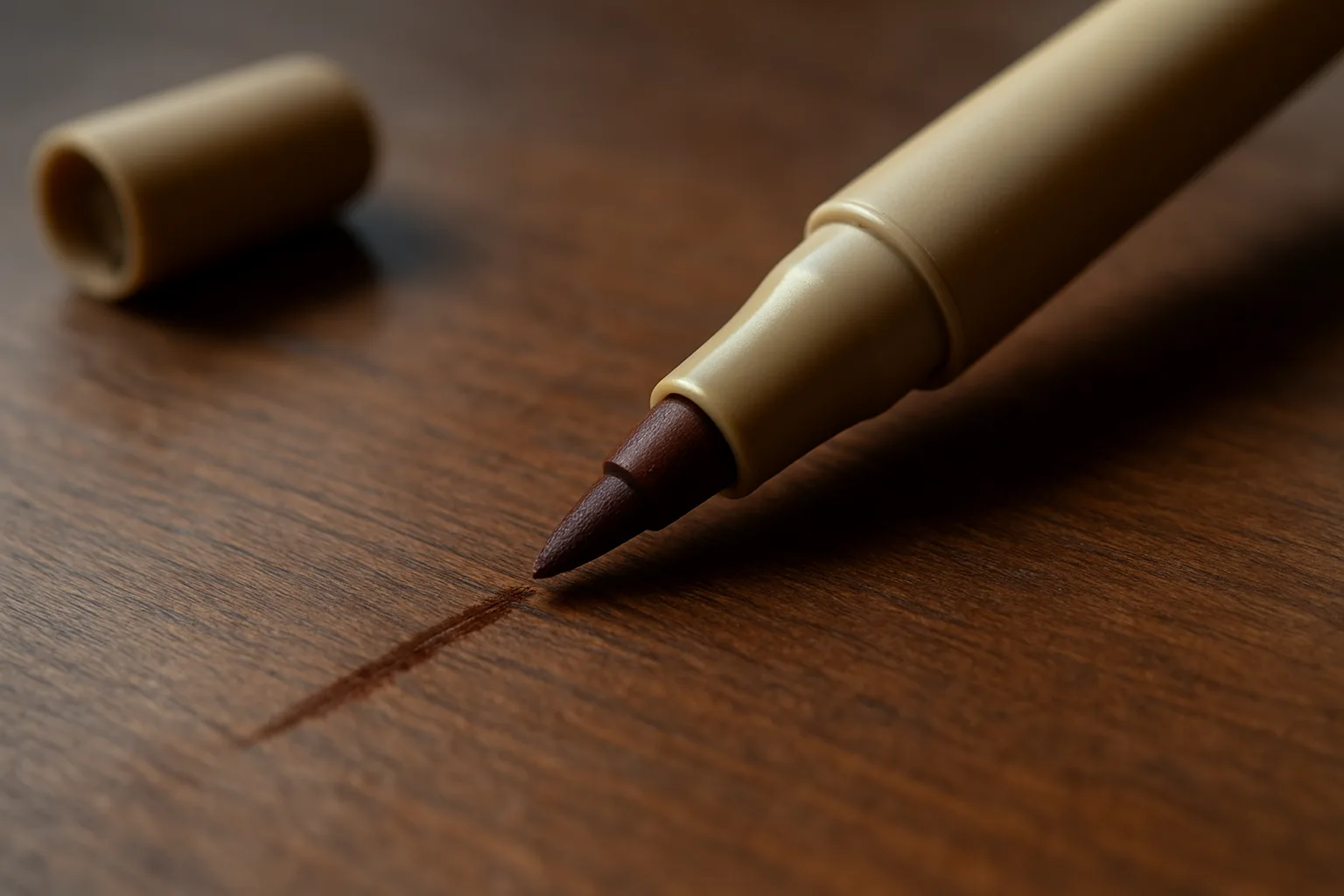 Wood finish stain marker felt tip applying brown stain colorant into a scratch on wood