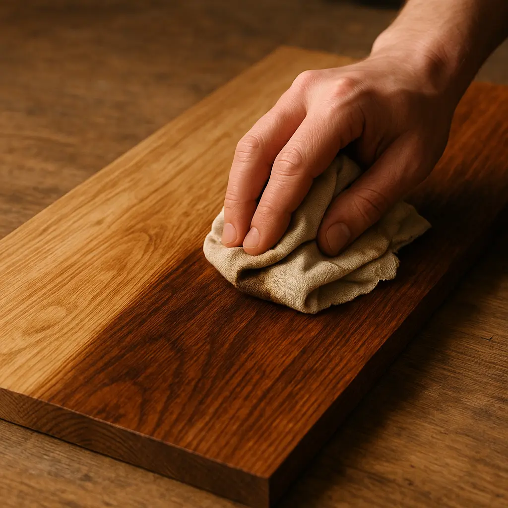 Applying wood stain to a board with a cloth