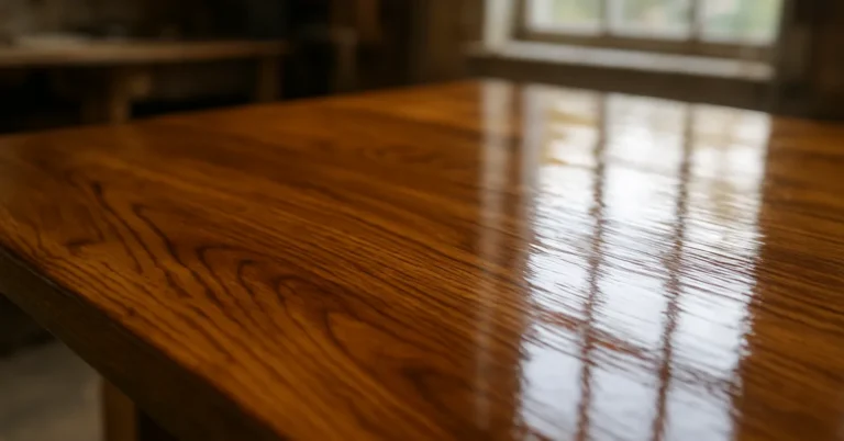 Glossy wood tabletop with a freshly applied protective finish