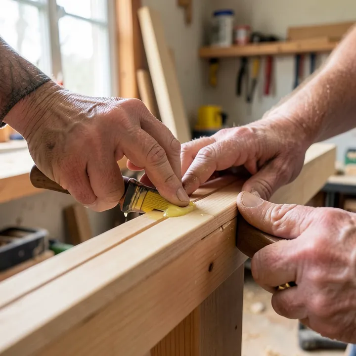 Woodworker applying wood glue along a board edge before clamping the joint