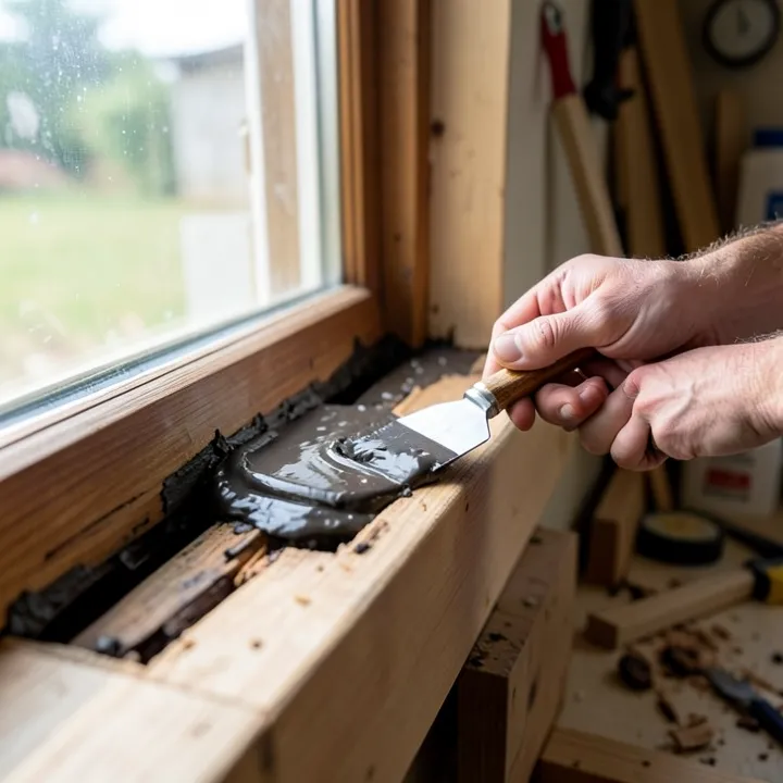 Wood rot repair epoxy filler being pressed into a window sill cavity with a putty knife