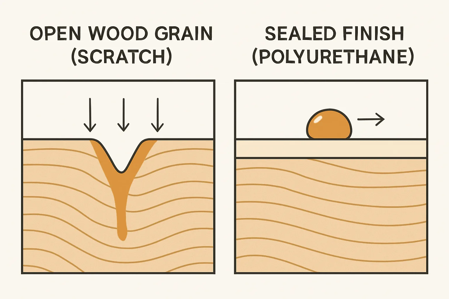 Diagram comparing stain marker penetrating open wood grain versus beading on a sealed polyurethane finish