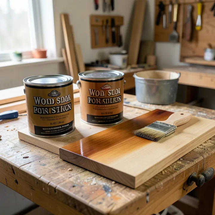 three quart cans of wood stain and a paintbrush next to a freshly stained wood board on a workbench