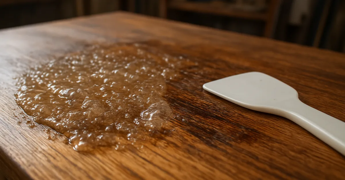 Citrus-based wood stain remover gel bubbling as it lifts old stain from a wood board