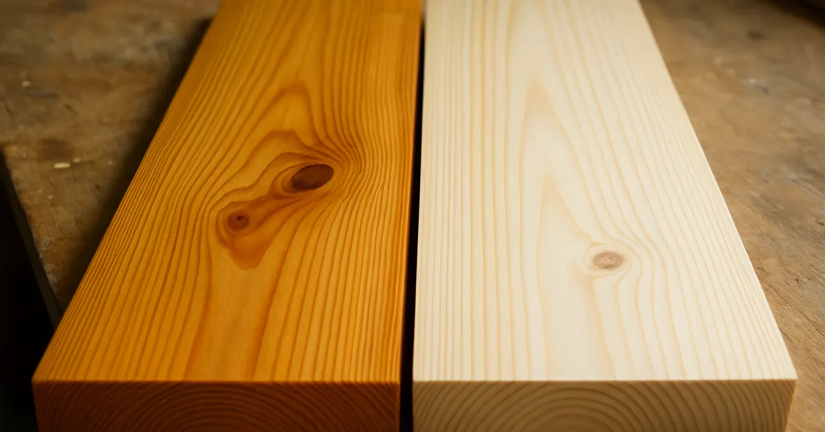 Two finished pine boards side by side showing wood stain yellow next to a clear non-yellowed finish