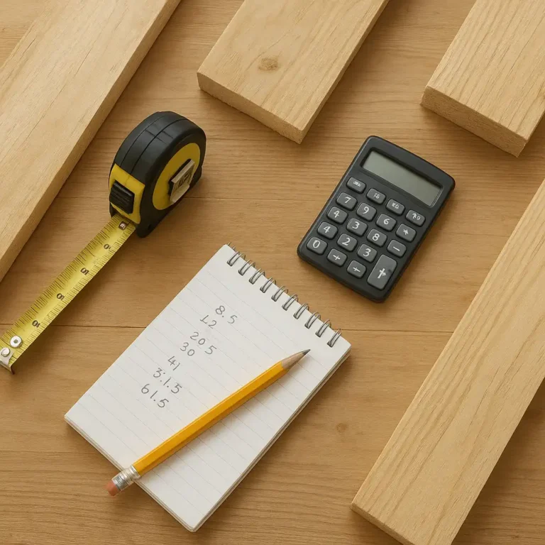 Lumber, tape measure and calculator for planning a woodworking project
