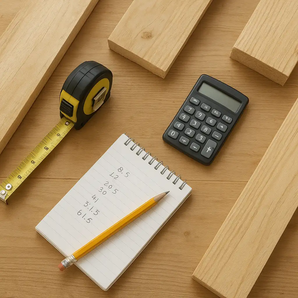 Lumber, tape measure and calculator for planning a woodworking project