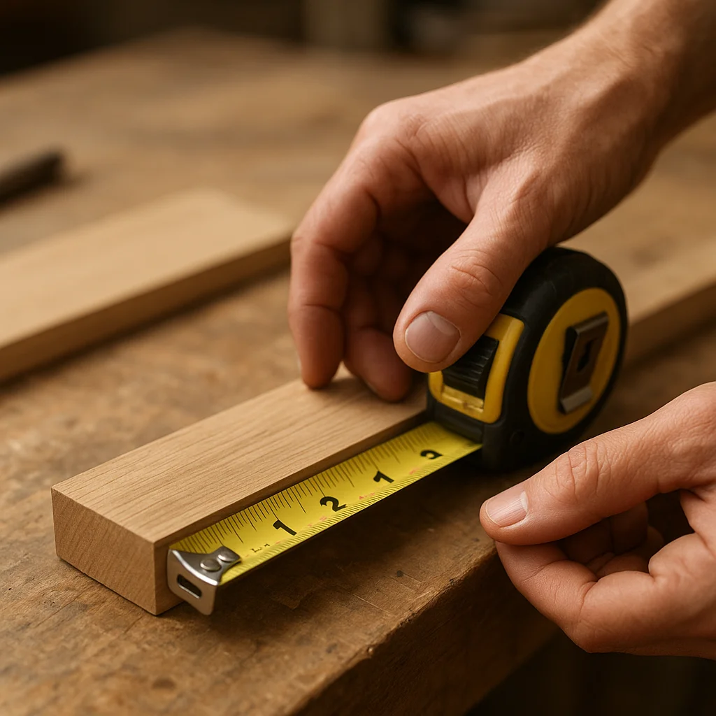 Measuring a wooden board with a tape measure