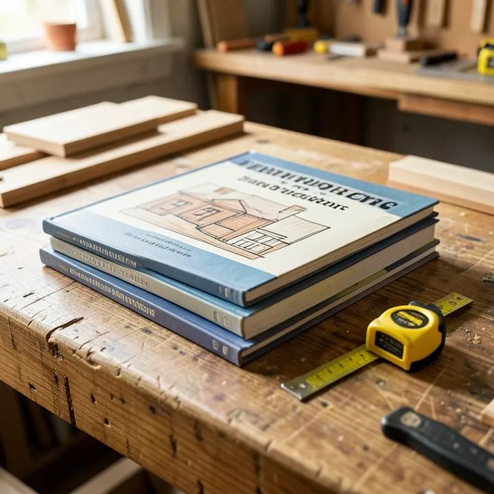 Stack of hardcover woodworking project books on a wood workbench next to a tape measure and a small project