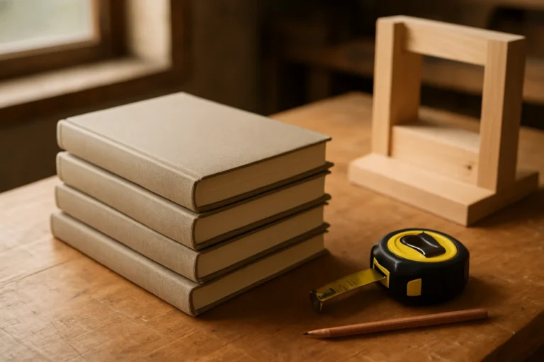 Stack of hardcover woodworking project books on a wood workbench next to a tape measure and a small project