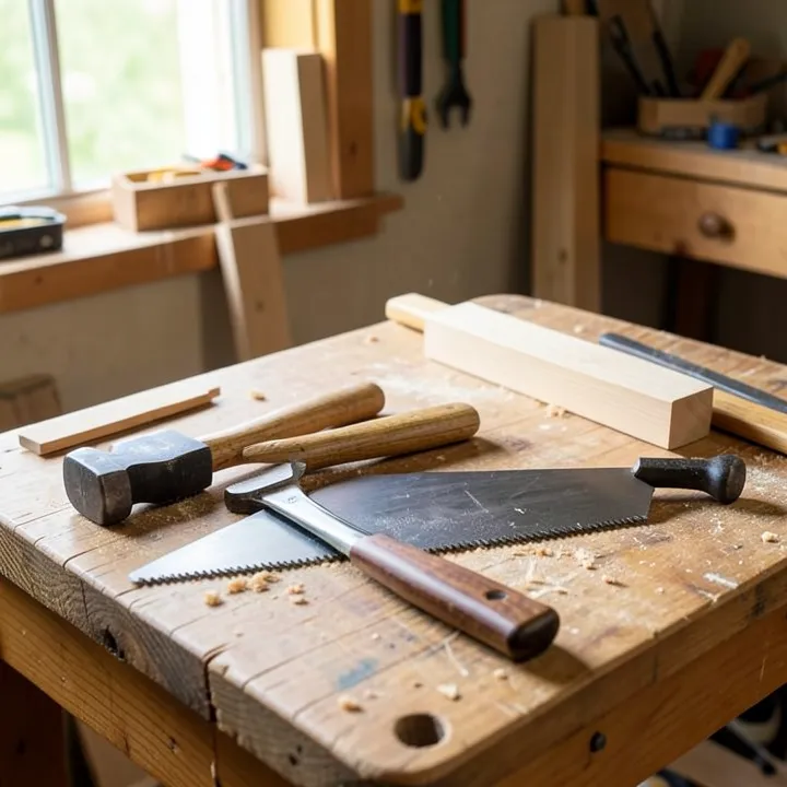 Basic woodworking tools including a hammer, hand plane, and saw laid out on a workbench for a teen woodworking project