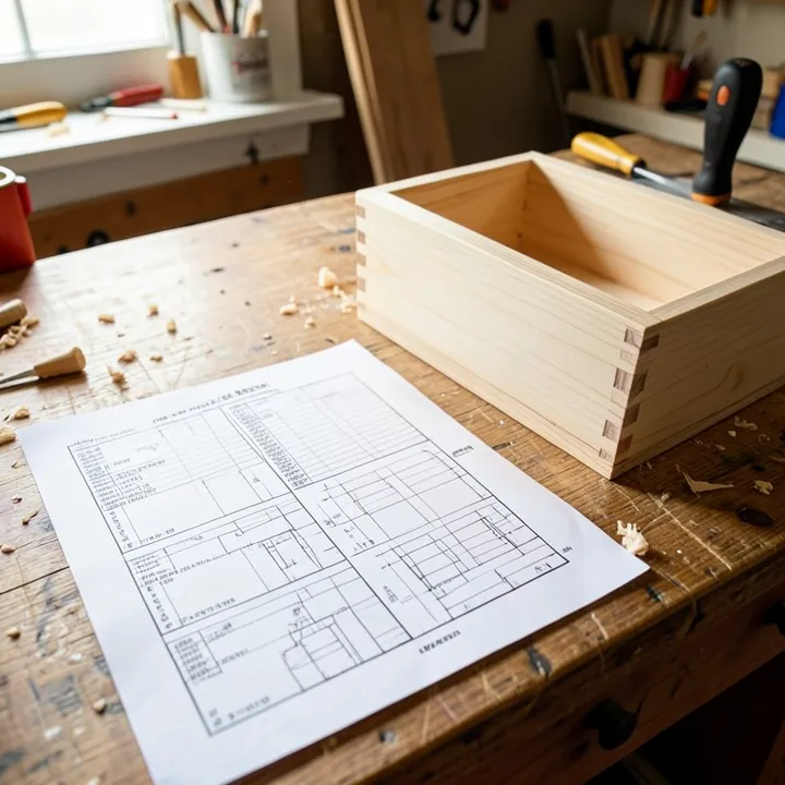 Woodworking Projects PDF Printed woodworking plan and cut list on a workbench beside a finished pine tool tote box