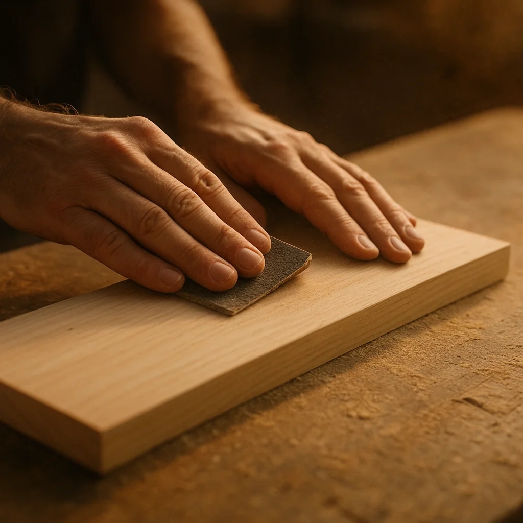 Sanding a wooden board during a woodworking project