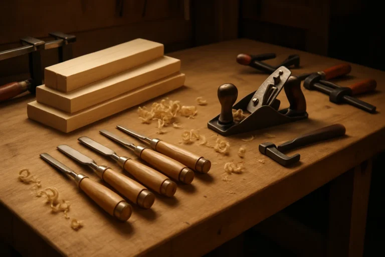 Woodworking workbench with hand tools and wood boards